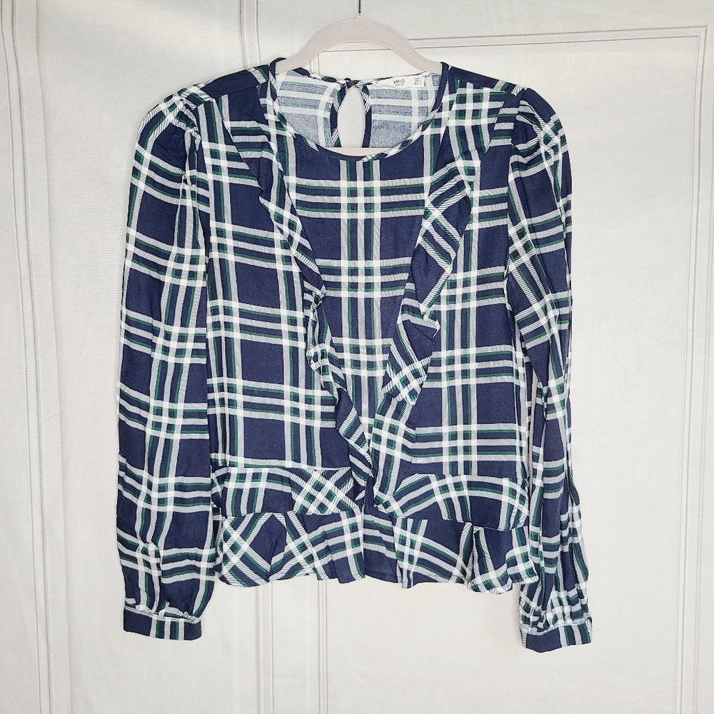 Mango Check Print Ruffle Blouse